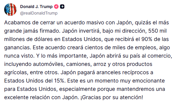 Publicación de Donald Trump en Truth Social sobre aranceles recíprocos con Japón.
