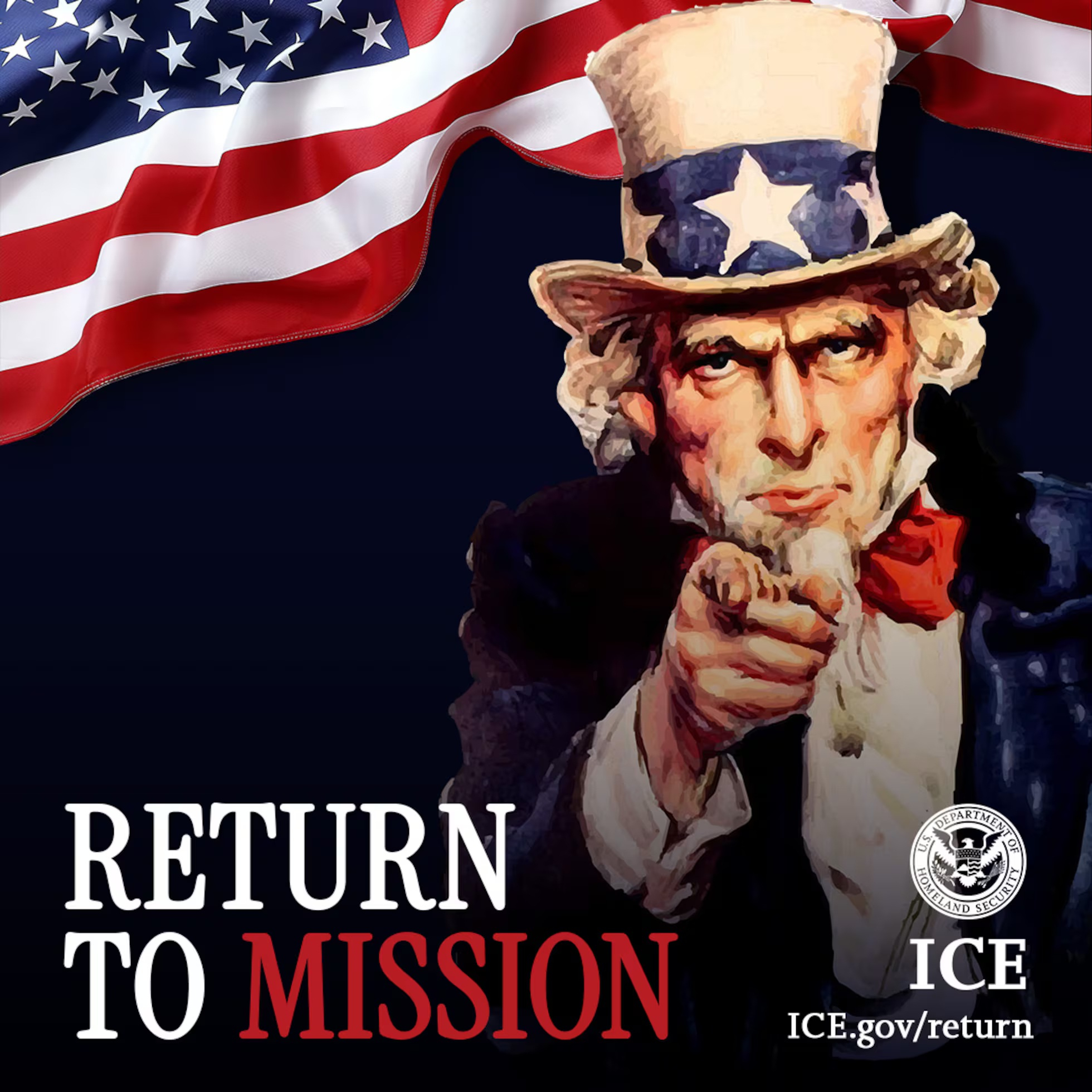 ICE comparte propaganda antiinmigrantes con la imagen del Tío Sam.