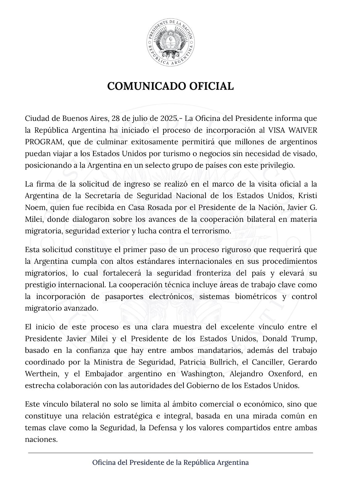 Argentina solicitó su reincorporación al programa Visa Waiver a Estados Unidos. Foto: Presidencia de Argentina